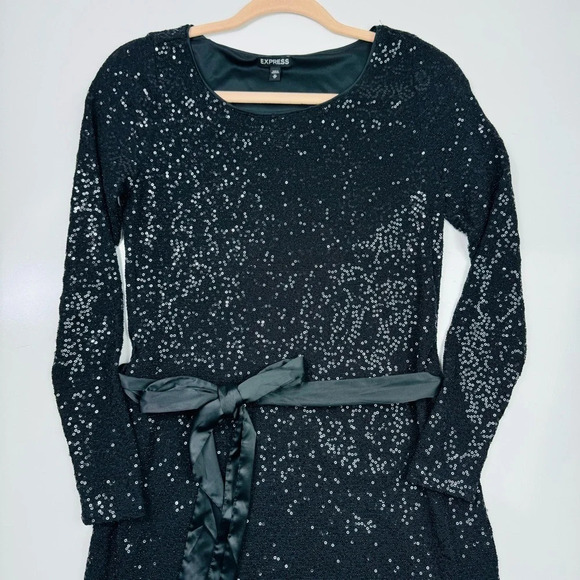 Express Long Sleeve Sequin Mini Dress with‎ Removable Satin Sash Size XS - Picture 4 of 11